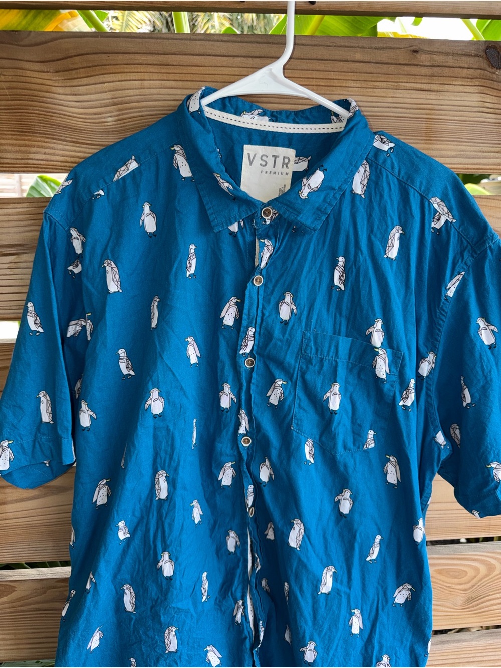 VSTR Short-Sleeve Button-Down Shirt in Teal Blue with Penguin Print